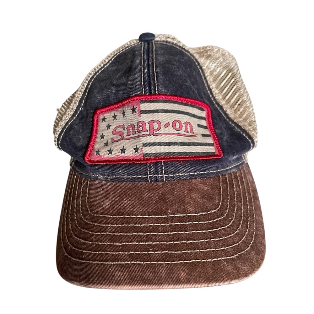 Snap-On Trucker Cap Hat Adult Adjustable Brown Blue Snapback USA Flag K Products
